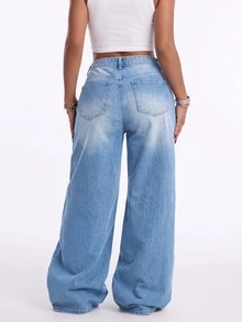 Low Waist Wide Leg Casual Blue Slanted Pocket Curved Leg Women's Jeans - Medium Wash - View 6