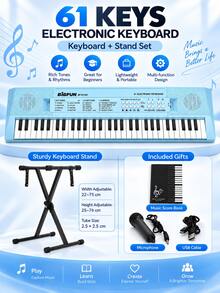 Teclado electrónico de 61 teclas con micrófono, instrumento de teclado multifuncional de entrada, alimentación dual, uso dual con enchufe y batería, instrumento musical portátil para actuaciones en el hogar, práctica musical y uso diario - Varias opciones disponibles (embalaje mejorado) - Ver 22