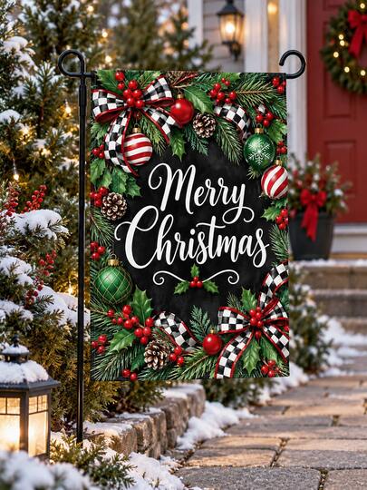Christmas Garden Flag, Merry Christmas/Welcome/Joy Letter Print, Black Plaid Bow, Holly, Red Berries, Pine Cone And Christmas Ball Pattern, Holiday Yard Porch Lawn Outdoor Home Decor