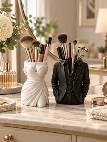 1pc Couple Makeup Brush Holder Set, Creative Lady Dress & Gentleman Suit Cosmetic Brush Organizer, Vanity Countertop Storage Cup For Brushes, Lipsticks & Beauty Tools, Bedroom Dresser Decor, Cute Gift For Women, Couples & Friends Makeup Brush Holder - Multicolor - View 7