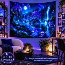 2D Flat Pattern, Single Piece, Forest Night Scene Tapestry, Blue, Purple, Fluorescent Colors, Ancient Trees, Waterfall, Lotus Pond, Full Moon, Starry Sky, Butterfly Pattern, Glows Under Fluorescent Light, Suitable For Wall Decoration, Bedroom Backdrop, Party Decoration - Multicolor - View 8