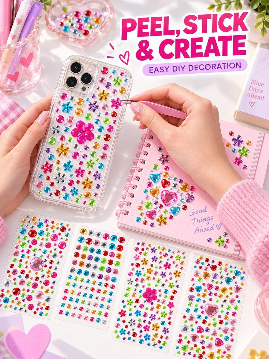 Multi-Color Self-Adhesive Face Rhinestone Stickers, Assorted Styles, Includes Mixed Round, Heart And Flower Rhinestones, Shiny Face, Body And Nail Art DIY Decoration, Suitable For Festivals, EDM Festivals And Party Makeup - Multicolor - View 1