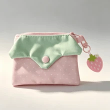 1pc Cute Strawberry Charm Coin Purse, Pink Polka Dot Mini Card Holder, Zipper Wallet For Girls - Multicolor - View 2