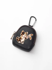 Cute Cat Print Mini Zipper Key Pouch With Carabiner, Portable PU Leather Small Coin Purse Earphone Storage Bag, Kawaii Small Accessories Gift - Multicolor - View 14