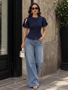 Spring Summer Autumn Solid Color Split Petal Sleeve Knit Cardigan - Navy Blue - View 1