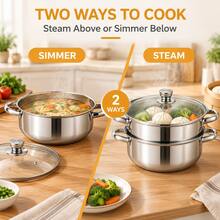 28cm Stainless Steel Steamer With Glass Lid, 2-Layer Soup Pot And Steamer Set, Designed For Both Steaming And Boiling - View 6
