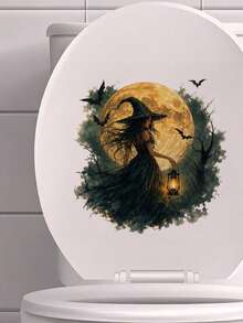 1pc Witch Pattern Toilet Sticker With Lantern Design, Water Tank Sticker, Bathroom Decor, Funny Toilet Sticker, Wall Decor, Home Decor, Enhance Your Home's Overall Aesthetic, Suitable For Halloween - one-size - View 5