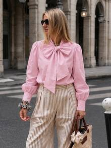 Women's Pink Collar Long Sleeve Polyester Blouse With Large Bow Decor, Regular Fit - Pink - View 2