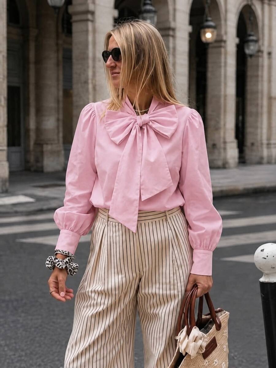 Women's Pink Collar Long Sleeve Polyester Blouse With Large Bow Decor, Regular Fit