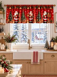 1pc-Short Christmas Window Drape Set, Red Santa Claus Christmas Tree Golden Bells Gift Box Snowflake Printed Kitchen Valance & Sink Cabinet Curtain, Rustic Holiday Window Treatment, Warm Winter Seasonal Home Decor For Farmhouse Kitchen Sink Window - Multicolor - View 6