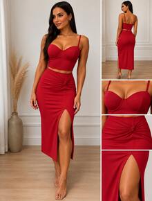 Conjunto Feminino Cropped Corset de Alça + Saia Midi com Fenda e Detalhe Franzido - Vermelho - Visão 2