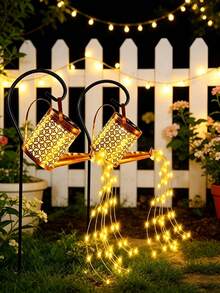 Solar Powered Watering Can Light, Hollow Metal Waterfall Fairy String Lights, Solar Automatic Switch, Waterproof Outdoor Garden Landscape Light, Vintage Projection Shadow Light, Suitable For Yard Lawn Patio Backyard Path Decoration, Warm White Atmosphere Decorative Gift - Multicolor - View 1