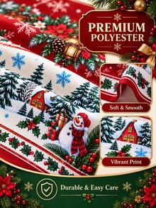 1pc Christmas Round Tablecloth, Snowman Winter Village Lantern Pinecone Print, Red Green Festive Dining Table Cover For Kitchen Decor, Holiday Party Home Decor, Christmas Decorations For Home - Multicolor - View 9