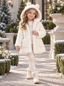 Toddler Girls' Padded Coat With Ear Decoration, Warm Winter Coat For Little/Medium Tween Girl - White - View 4