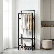 All-In-One Floor Standing Luggage, Shoe And Clothing Storage Rack, Vertical Coat Rack With High And Low Double Hanging Bars, Staggered Placement For Long And Short Garments, Side Hooks For Personal Items, Bottom Compartment Shoe Rack, Multifunctional Storage Rack For Bedroom And Entryway - Black and White - View 3