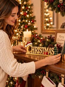 1pc Gold Christmas Letter Resin Desktop Ornament, Christmas Table Decor With Santa Hat, Gift Box And Mini Christmas Tree, Holiday Fireplace Mantel Decoration - New Product - View 8