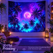 2D Flat Pattern, Single Piece, Coconut Grove Night Scene Tapestry, Palm Trees, Full Moon, Nebula, Starry Sky Pattern, Glows Under Fluorescent Light, Suitable For Wall Decoration, Hanging On Bedroom Background Wall, Also Suitable For Party Decoration. - Multicolor - View 13