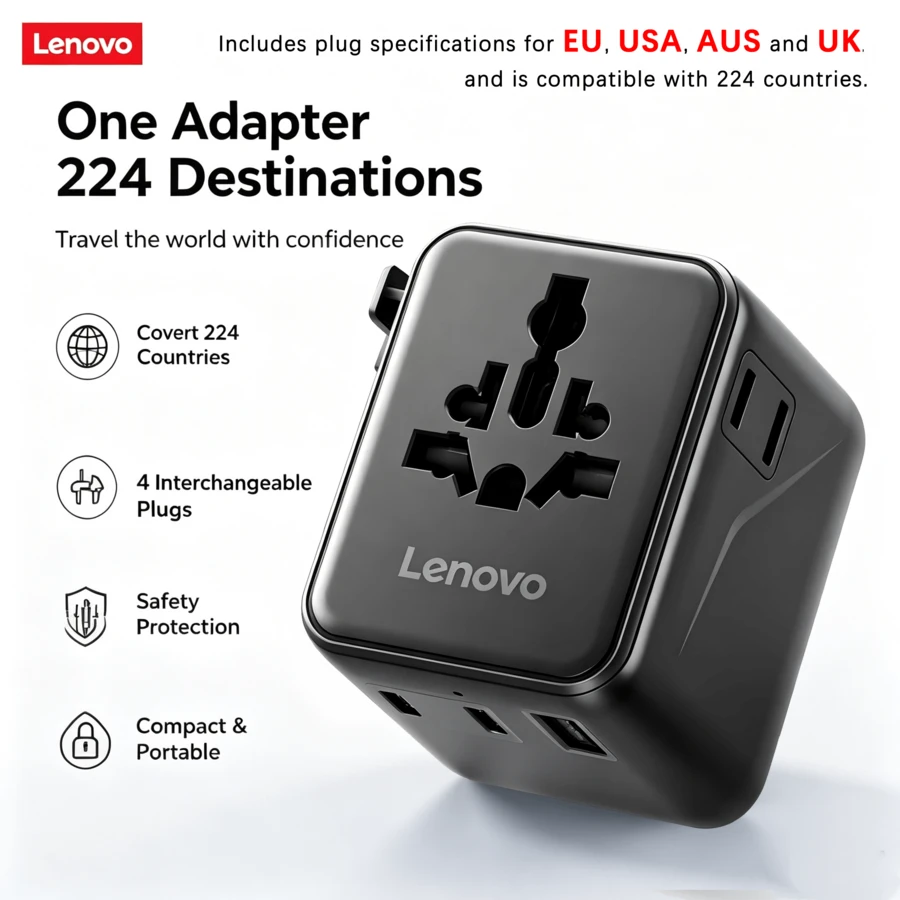 Lenovo L-POW1020B Universal Travel Adapter International Plug Converter For Computer, Printer, TV, Communication Equipment - EU C Type Plug(220-240V) - View 1