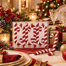 6Pcs Red White Striped Candy Cane Christmas Ornaments Set, Glitter Shiny Curved & Straight Cane Design, Xmas Tree Hanging Pendants Gift Box - one-size - View 8