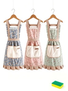 Celemek Motif Bunga Klasik, Celemek Tanpa Lengan Bergaya Gaun dari Kain Poliester dengan Hiasan Rumbai, Dekorasi Renda, dan Saku Depan Besar, Tali Belakang yang Dapat Diatur, Cocok untuk Memasak, Memanggang, Membersihkan Rumah, dan Penggunaan Rumah Tangga Sehari-hari - Berbagai gaya - View 11