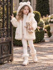 Toddler Girls' Padded Coat With Ear Decoration, Warm Winter Coat For Little/Medium Tween Girl - White - View 3