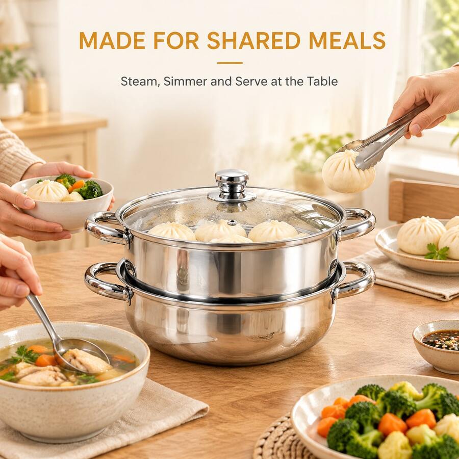 28cm Stainless Steel Steamer With Glass Lid, 2-Layer Soup Pot And Steamer Set, Designed For Both Steaming And Boiling