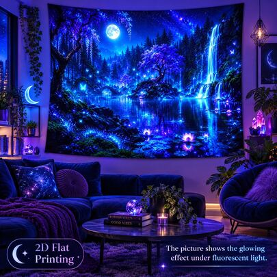 2D Flat Pattern, Single Piece, Forest Night Scene Tapestry, Blue, Purple, Fluorescent Colors, Ancient Trees, Waterfall, Lotus Pond, Full Moon, Starry Sky, Butterfly Pattern, Glows Under Fluorescent Light, Suitable For Wall Decoration, Bedroom Backdrop, Party Decoration