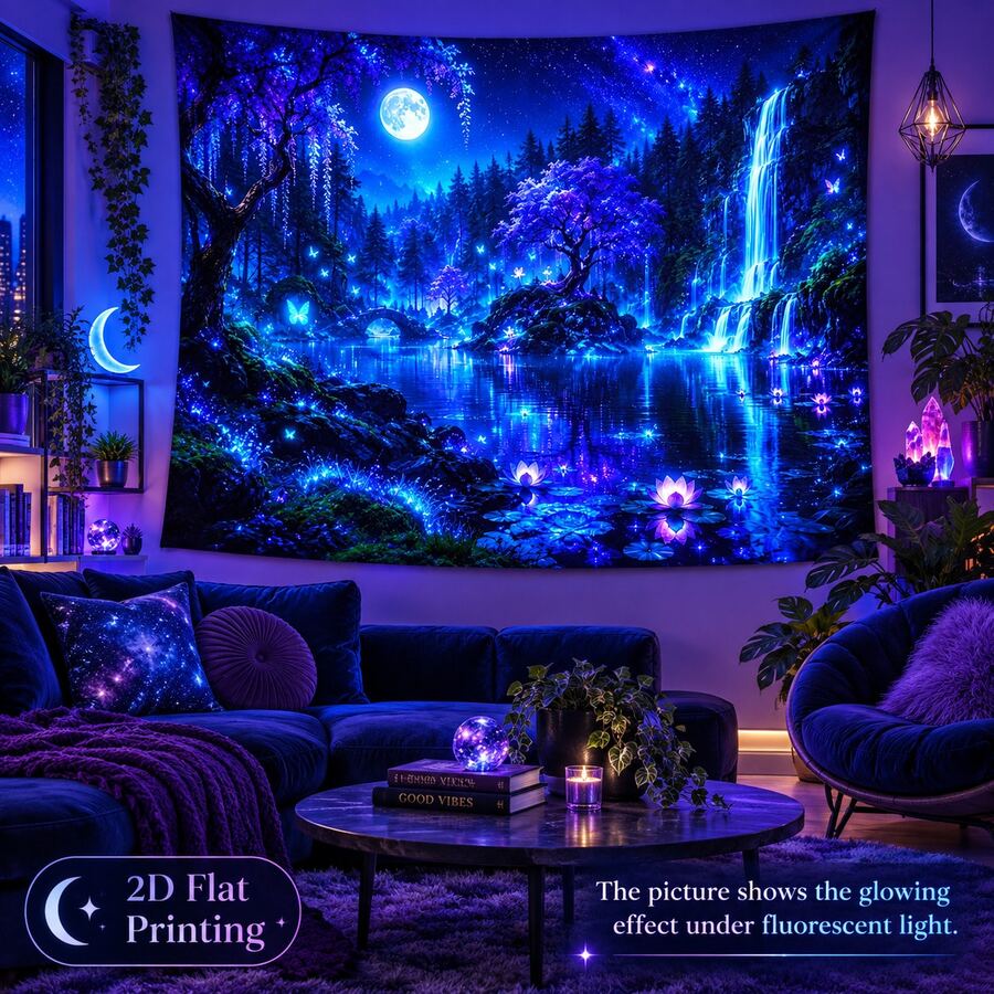 2D Flat Pattern, Single Piece, Forest Night Scene Tapestry, Blue, Purple, Fluorescent Colors, Ancient Trees, Waterfall, Lotus Pond, Full Moon, Starry Sky, Butterfly Pattern, Glows Under Fluorescent Light, Suitable For Wall Decoration, Bedroom Backdrop, Party Decoration - Multicolor - View 1