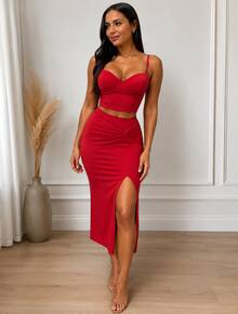 Conjunto Feminino Cropped Corset de Alça + Saia Midi com Fenda e Detalhe Franzido - Vermelho - Visão 4