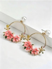 Pendientes colgantes con decoración de flores y cristales en forma de círculo, ideal para San Valentín - Rosa - Ver 2