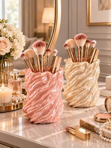 1pc Sculptural Wave Design Cosmetic Storage Box, Makeup Brush Holder And Cosmetic Display Rack, Large Capacity Vanity Storage Cup, Suitable For Makeup Brushes, Lipsticks And Beauty Tools, Desktop Vanity Storage, Bedroom Bathroom Countertop Decor, Women's Gift - Multicolor - View 4