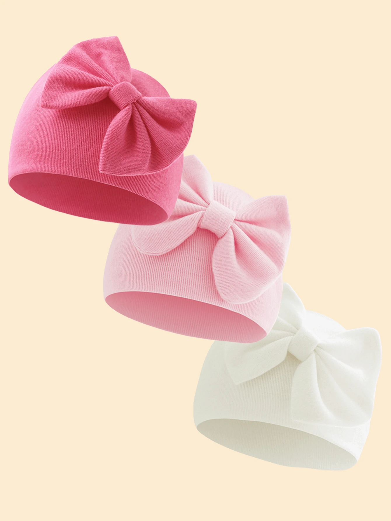Juego de 3 gorros de punto con lazo grande para recién nacidos, colores básicos, tela elástica suave y amigable con la piel, uso multicolor rotativo, adecuado para hospital, hogar y exterior - Multicolor - Ver 1
