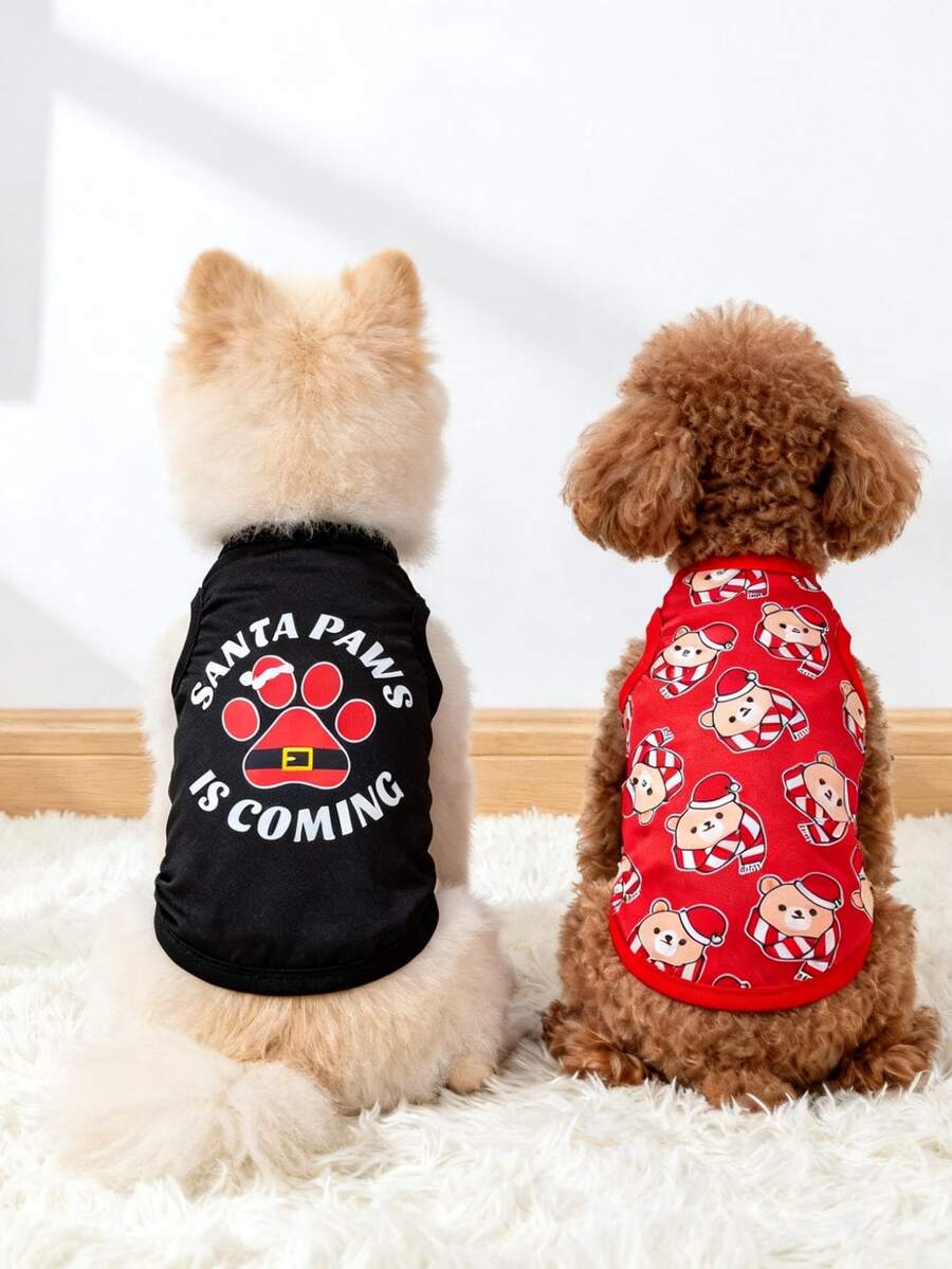The 3estie 3eastie 2pcs Christmas Paw Print Pattern Funny Design Pet Vest, Physical Flea Protection, Reduced Shedding, Insulated & Breathable Dog Vest, Suitable For Large And Small Dogs And Cats, Indoor And Outdoor - Multicolor - View 1