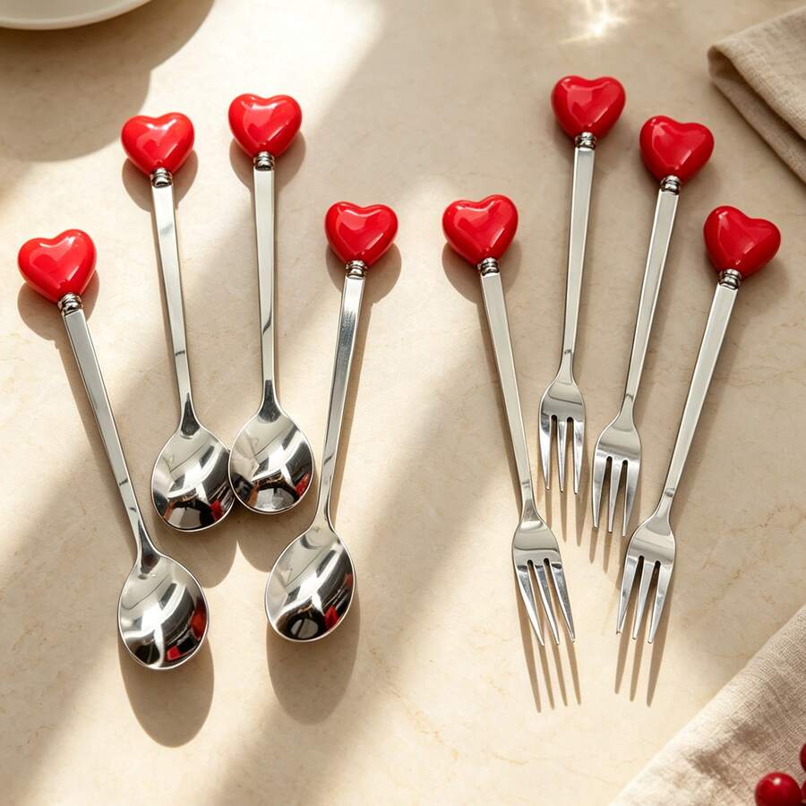 2/8pcs Romantic Heart-Shaped Handle Stainless Steel Dessert Spoons, Colorful Heart-Shaped Handle Design, Suitable For Coffee, Ice Cream And Beverage Stirring, Polished Surface Tableware, With Dessert Spoon, Coffee Spoon And Fruit Fork, Suitable For Home, Restaurant, Kitchen, Daily Dining, Birthday Party And Holiday Gathering