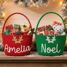 1pc Customized Handmade Embroidered Christmas Basket - Personalized Gift Basket, Party Storage Basket, Organizer Basket, Holiday Gift - Multicolor - View 3
