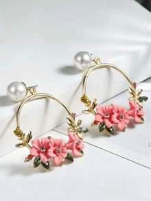Pendientes colgantes con decoración de flores y cristales en forma de círculo, ideal para San Valentín - Rosa - Ver 3