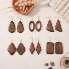 6 Pairs Fashion Geometric Wooden Earrings, Hollow, Water Drop, Rhombus, Rectangle Multi-Style - Earrings - View 1