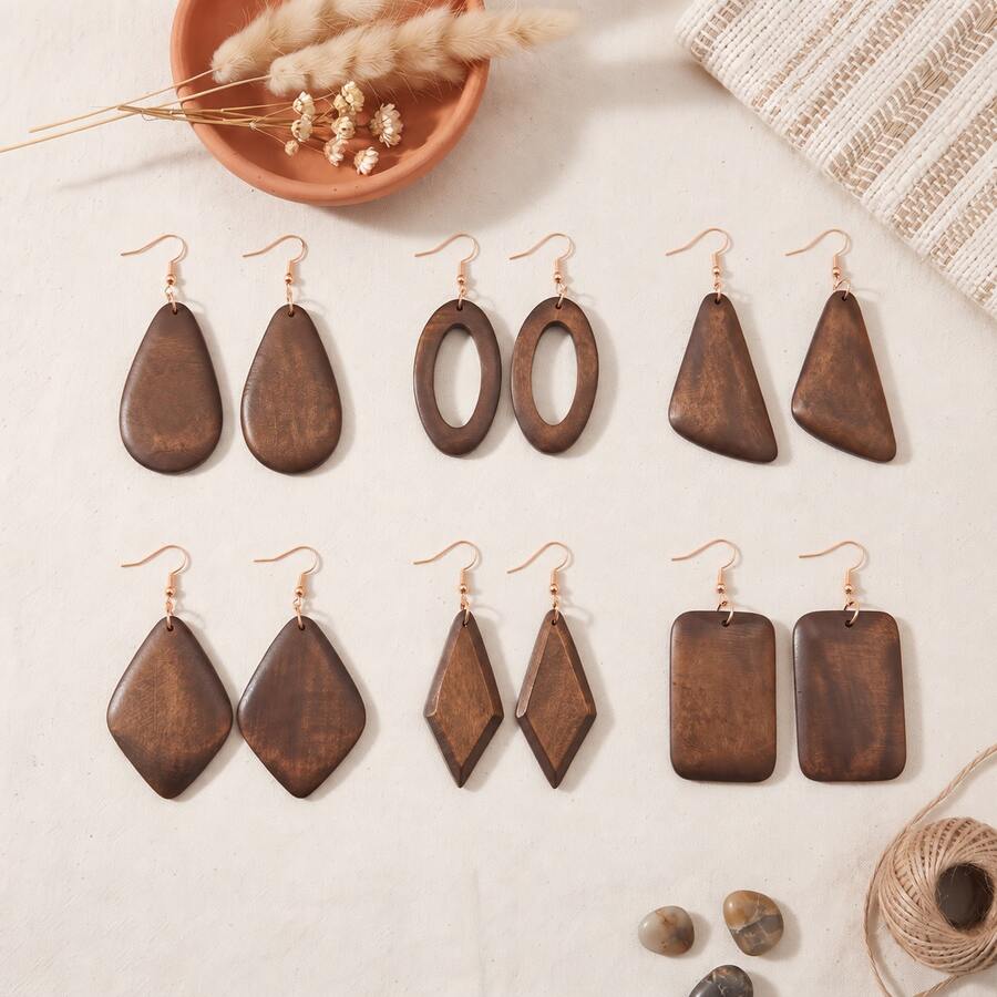 6 Pairs Fashion Geometric Wooden Earrings, Hollow, Water Drop, Rhombus, Rectangle Multi-Style - Earrings - View 1