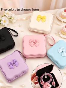 Cute Bow Decor Portable Storage Case With Wrist Strap, Multi-Purpose Soft Silicone Shell Mini Organizer Bag, Can Store Jewelry, Cosmetics, Coins, Sanitary Pads, Charging Cables And Hair Accessories - Multicolor - View 1