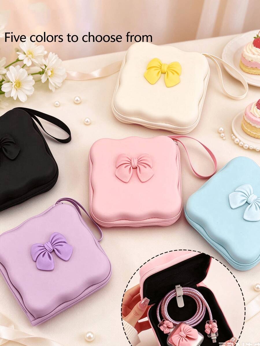 Cute Bow Decor Portable Storage Case With Wrist Strap, Multi-Purpose Soft Silicone Shell Mini Organizer Bag, Can Store Jewelry, Cosmetics, Coins, Sanitary Pads, Charging Cables And Hair Accessories - Multicolor - View 1