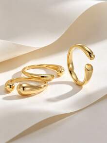 Charm-In Gold-Plated Open Stackable Ring, Double Water Drop End Polished Metal Ring, Minimalist Modern Exquisite Ring, Suitable For Daily Wear And Workplace Party Jewelry, Unique Birthday Holiday Gift For Women And Girls - Gold - View 1