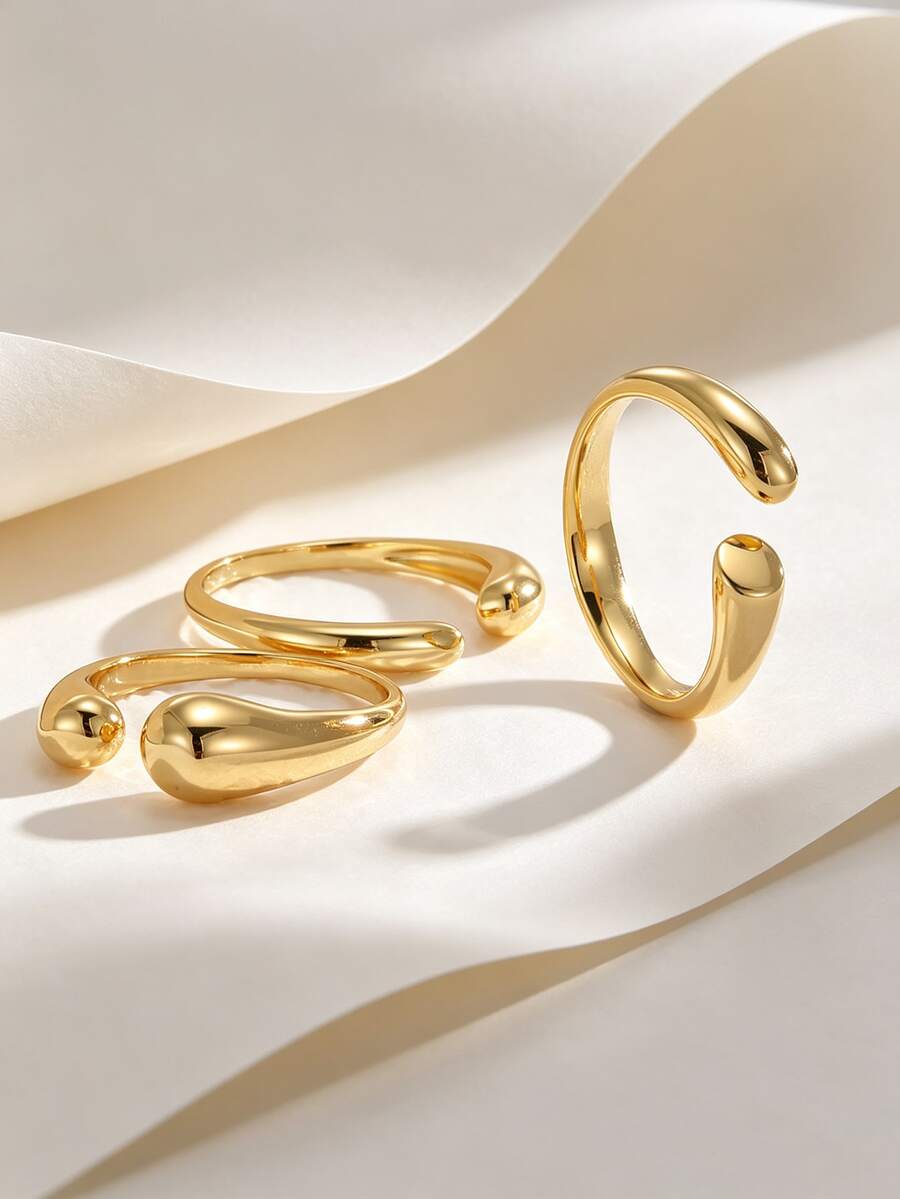 Charm-In Gold-Plated Open Stackable Ring, Double Water Drop End Polished Metal Ring, Minimalist Modern Exquisite Ring, Suitable For Daily Wear And Workplace Party Jewelry, Unique Birthday Holiday Gift For Women And Girls - Gold - View 1