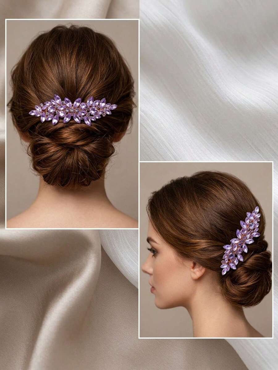 1pc Rhinestone Decorated Exquisite Hair Clip, Versatile Fashion Hair Accessory Suitable For Wedding, Daily Wear And Other Occasions - Light Purple - View 1