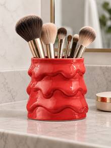 This Wavy-Textured Makeup Brush Holder-Featuring A Red And Green Color Scheme-Serves As A Decorative Vanity Organizer For Makeup Brushes And Beauty Tools. - A - View 6