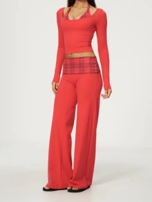 Women's Sexy High Elasticity Red 2 Pieces Set, Round Neck Long Sleeve Top With Plaid Belt Detail, Suitable For New Year Or Autumn - Red - View 4