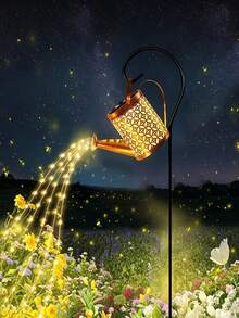 Solar Powered Watering Can Light, Hollow Metal Waterfall Fairy String Lights, Solar Automatic Switch, Waterproof Outdoor Garden Landscape Light, Vintage Projection Shadow Light, Suitable For Yard Lawn Patio Backyard Path Decoration, Warm White Atmosphere Decorative Gift - Multicolor - View 3
