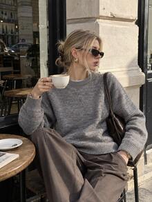Women's Grey Knitted Round Neck Drop Shoulder Long Sleeve Regular Fit Sweater, Perfect For Fall & Winter Daily Wear - Light Grey - View 1