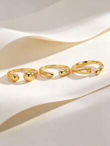 Charm-In Gold-Plated Open Stackable Ring, Double Water Drop End Polished Metal Ring, Minimalist Modern Exquisite Ring, Suitable For Daily Wear And Workplace Party Jewelry, Unique Birthday Holiday Gift For Women And Girls - Gold - View 3