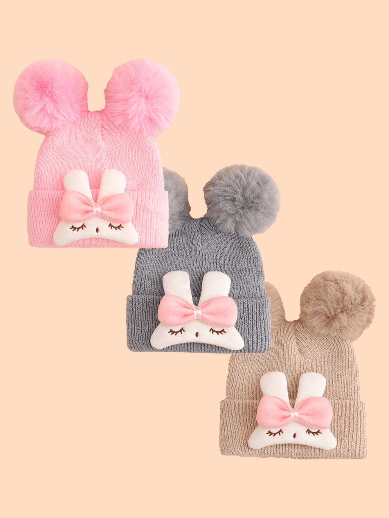 3PCS Baby Double Pom Pom Bow Rabbit Applique Folded Knit Hat, 3 Fashionable Minimalist Color Options, Cute Versatile Accessory For Baby Soft Adorable Look, Suitable As Gift - Multicolor - View 1