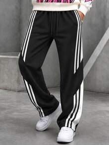 Krometka Men's Side 3 White Stripe Patchwork Wide Leg Sports Pants, Small Logo Embroidered Drawstring Elastic Waist Straight Leg Casual Long Pants - Black - View 1